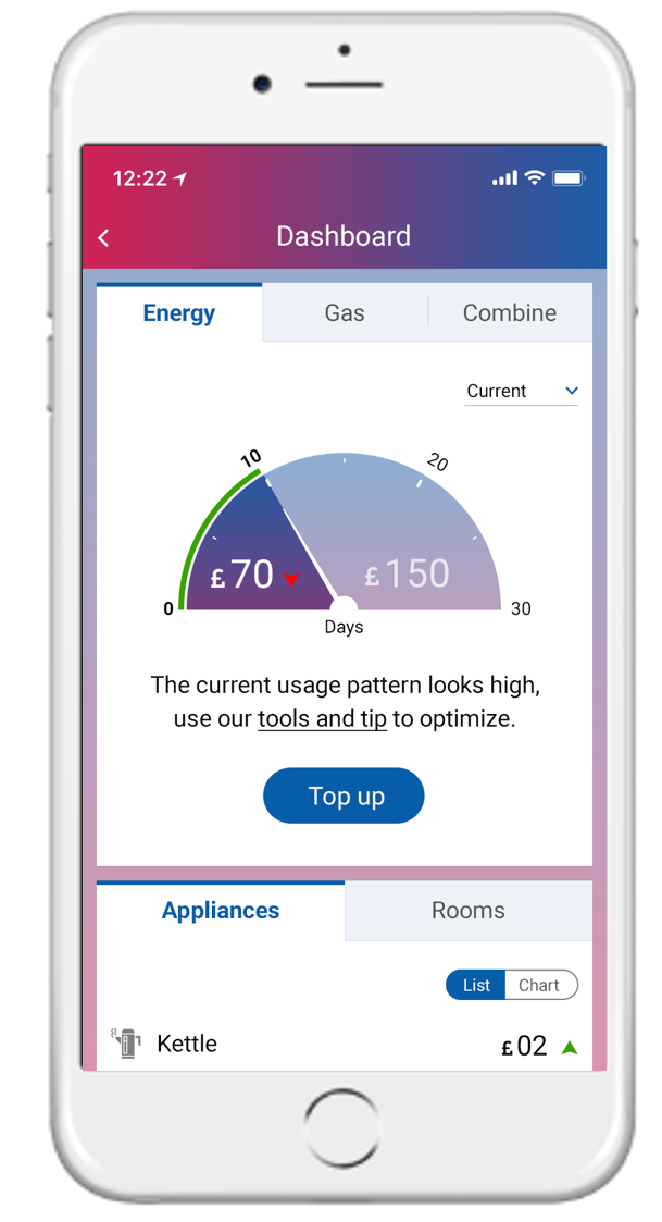 Energy dashboard showing usage across Energy, Gas and Combined tariffs