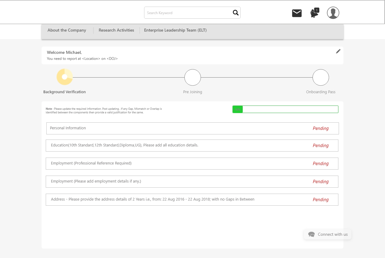 BG Verification screen